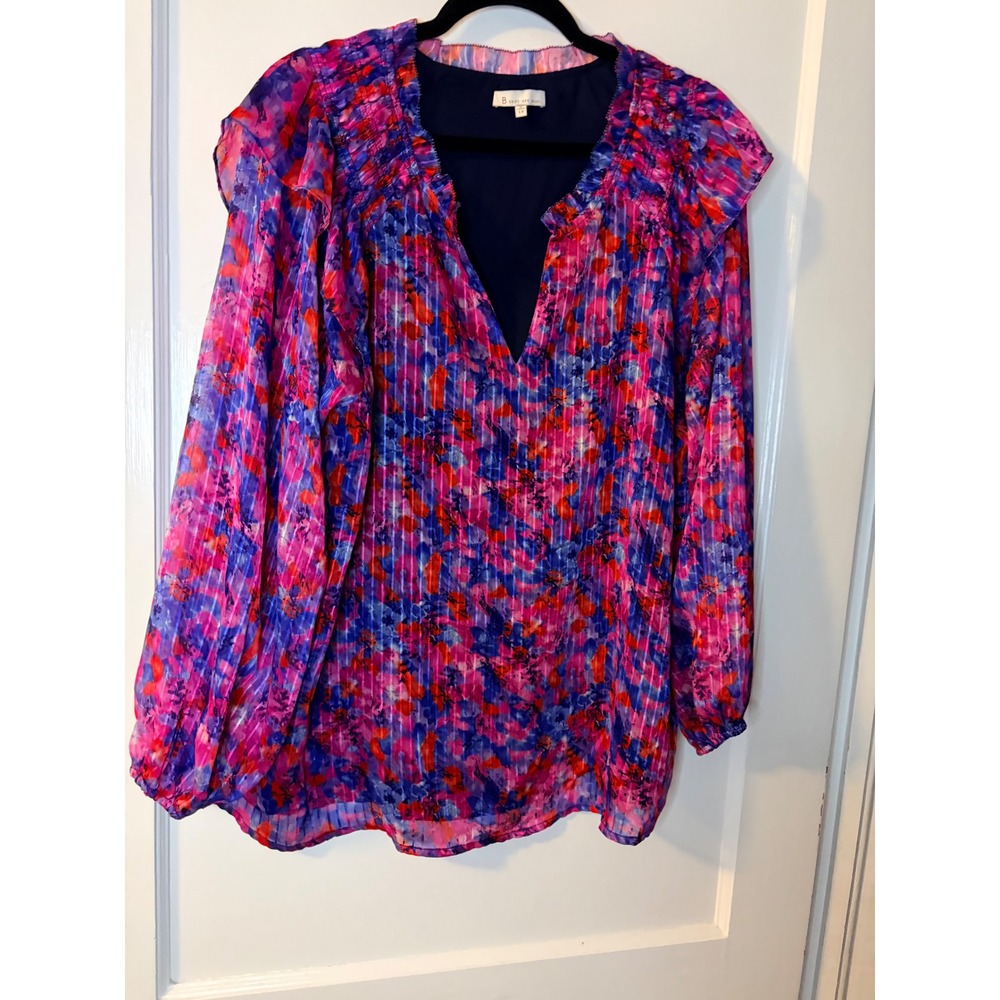 Skies Are Blue Multicolor Pink Purple Floral Pleated V-Neck Blouse